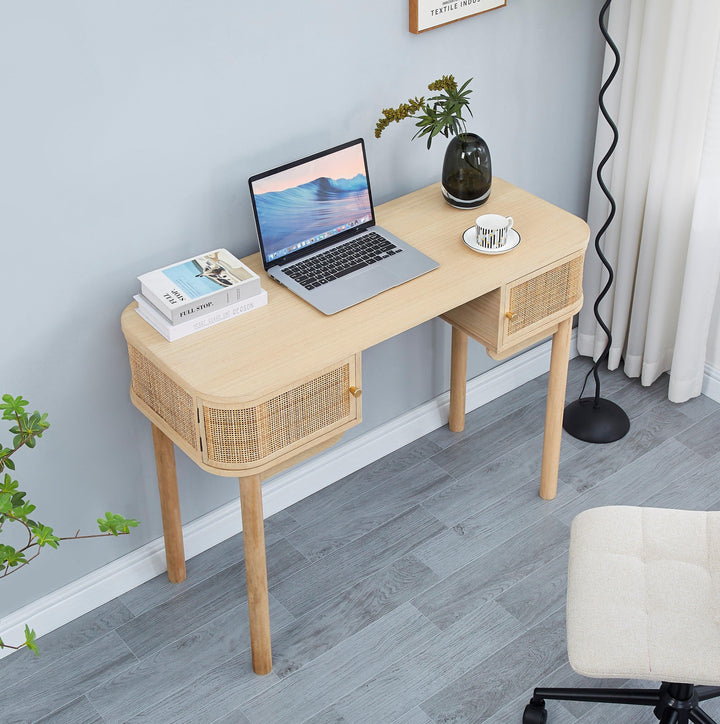 2-türiger Schreibtisch aus Holz und Rohrgeflecht/Rattan