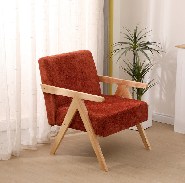 Lounge-Sessel aus Massivholz und Terracotta-Bouclé