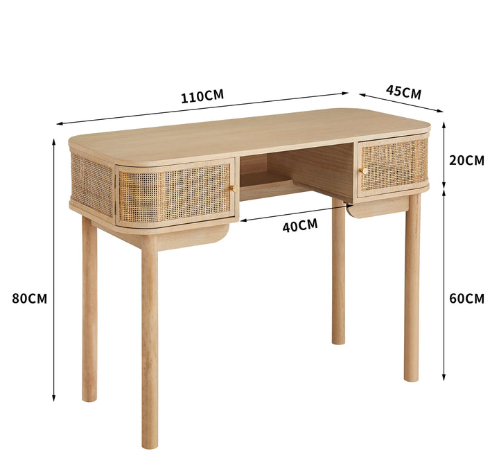 2-türiger Schreibtisch aus Holz und Rohrgeflecht/Rattan