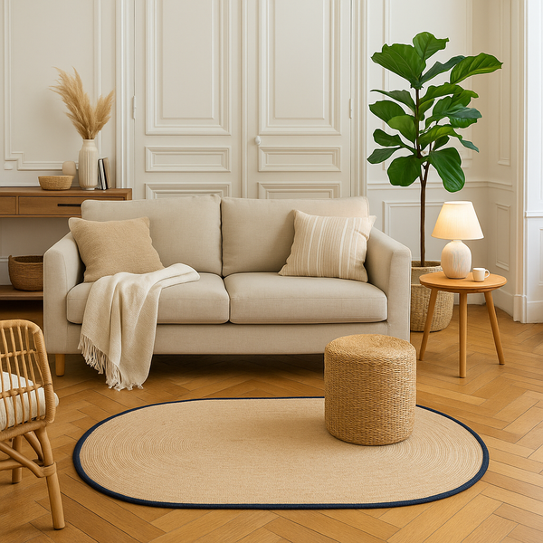 EIRA - Tapis ovale en jute naturelle tissé noir 150 x 90 cm