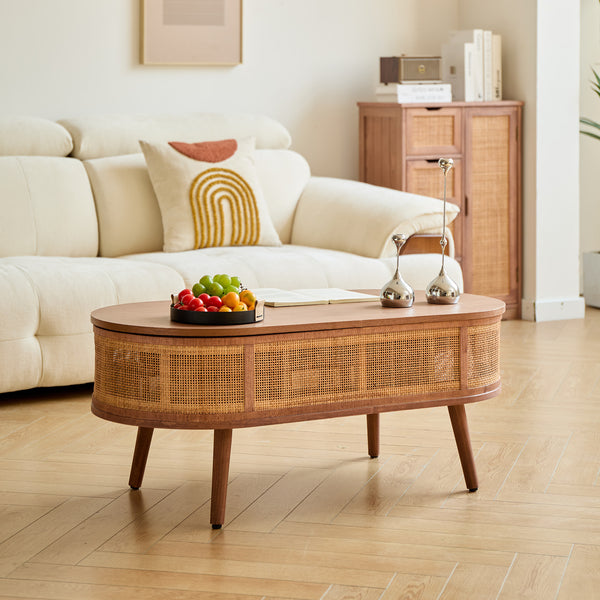 LOTTA - Couchtisch aus Walnussholz und Rattan mit Stauraum