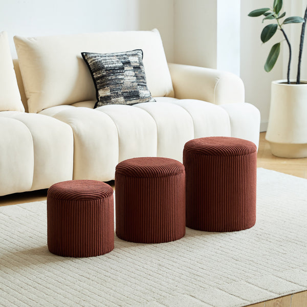 NARVIK - Set aus 3 Hockern mit Ablage aus Holz und terracottafarbenem Cord
