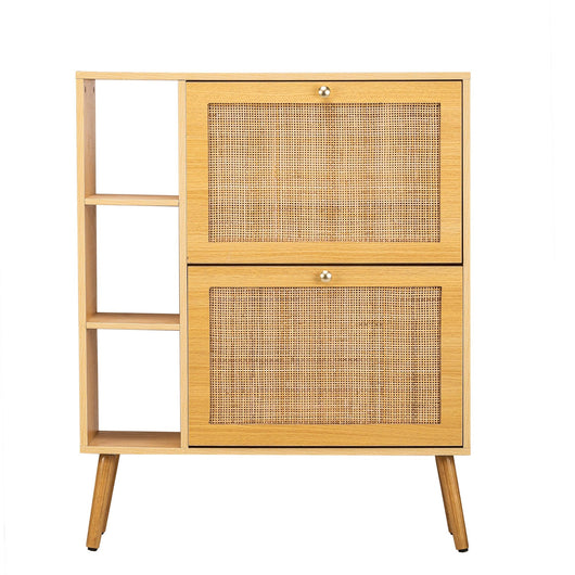Schuhschrank mit 2 Schubladen aus Holz und Rattan