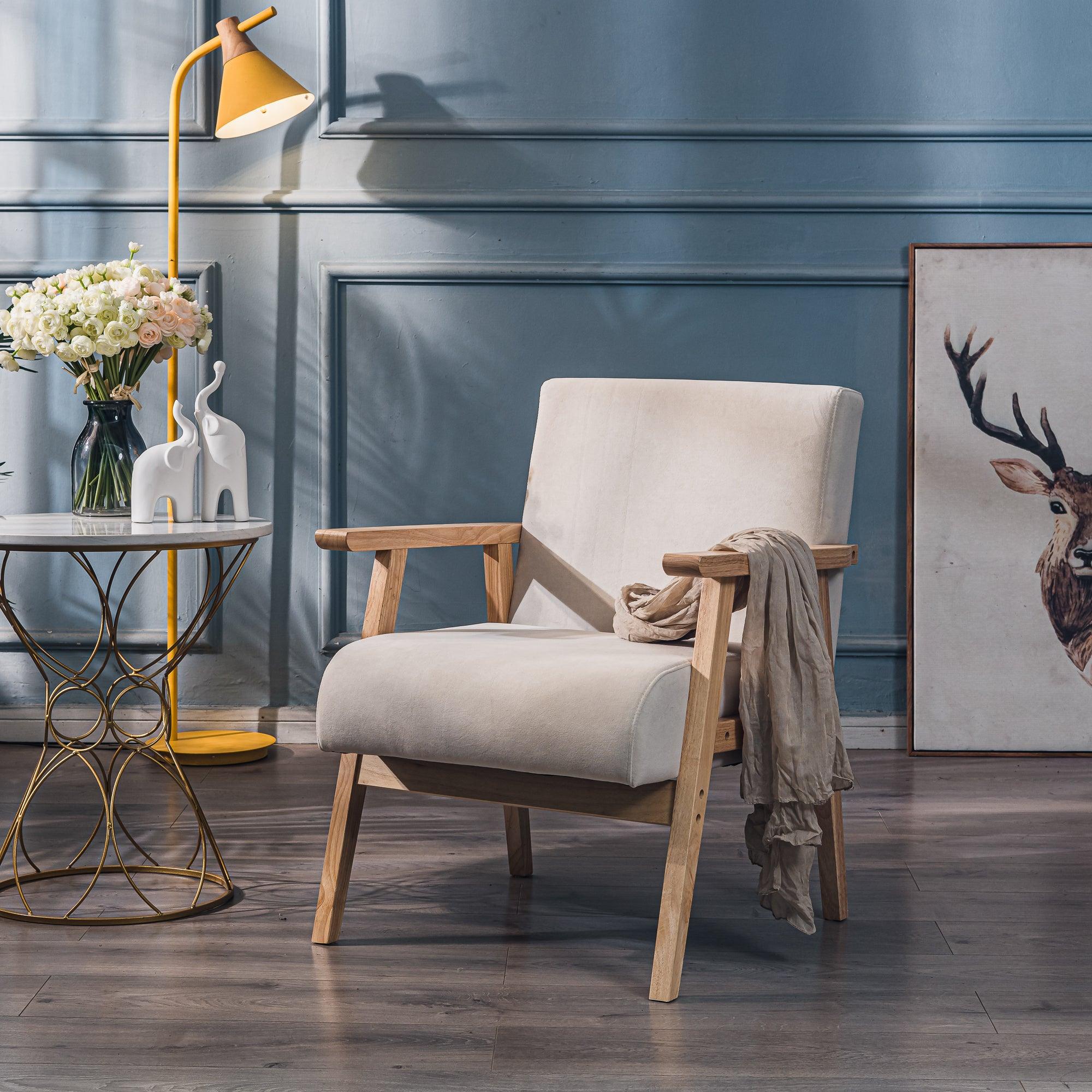 louis - fauteuil de salon en bois massif et tissu beige