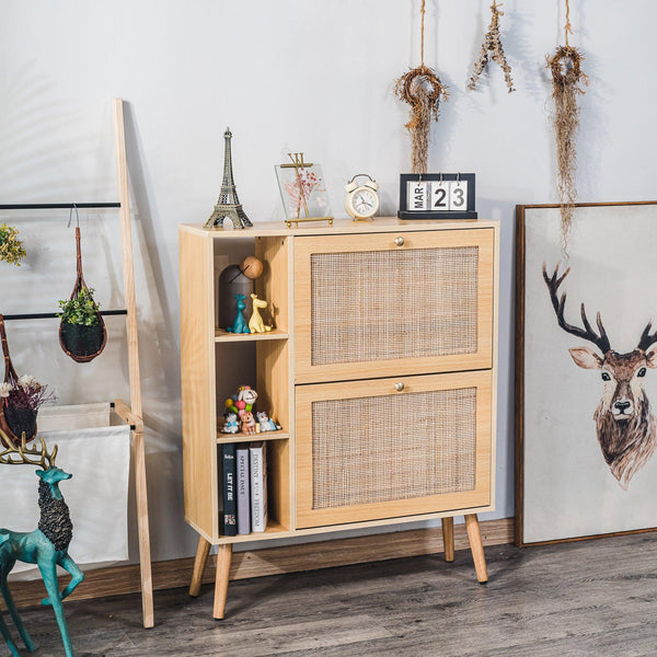 Schuhschrank mit 2 Schubladen aus Holz und Rattan